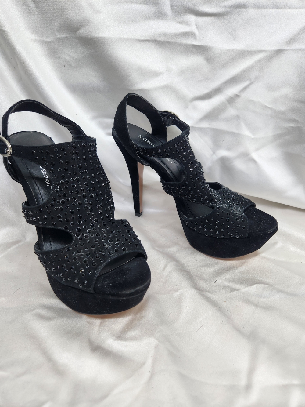 BCBG Black Crystal-Embellished Suede Platform Heels